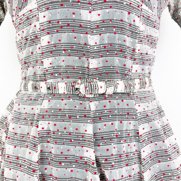 Vintage 50s Dress Sheer Organdy Swiss Dot V Neck Fit and Flare - Picture 5 of 11